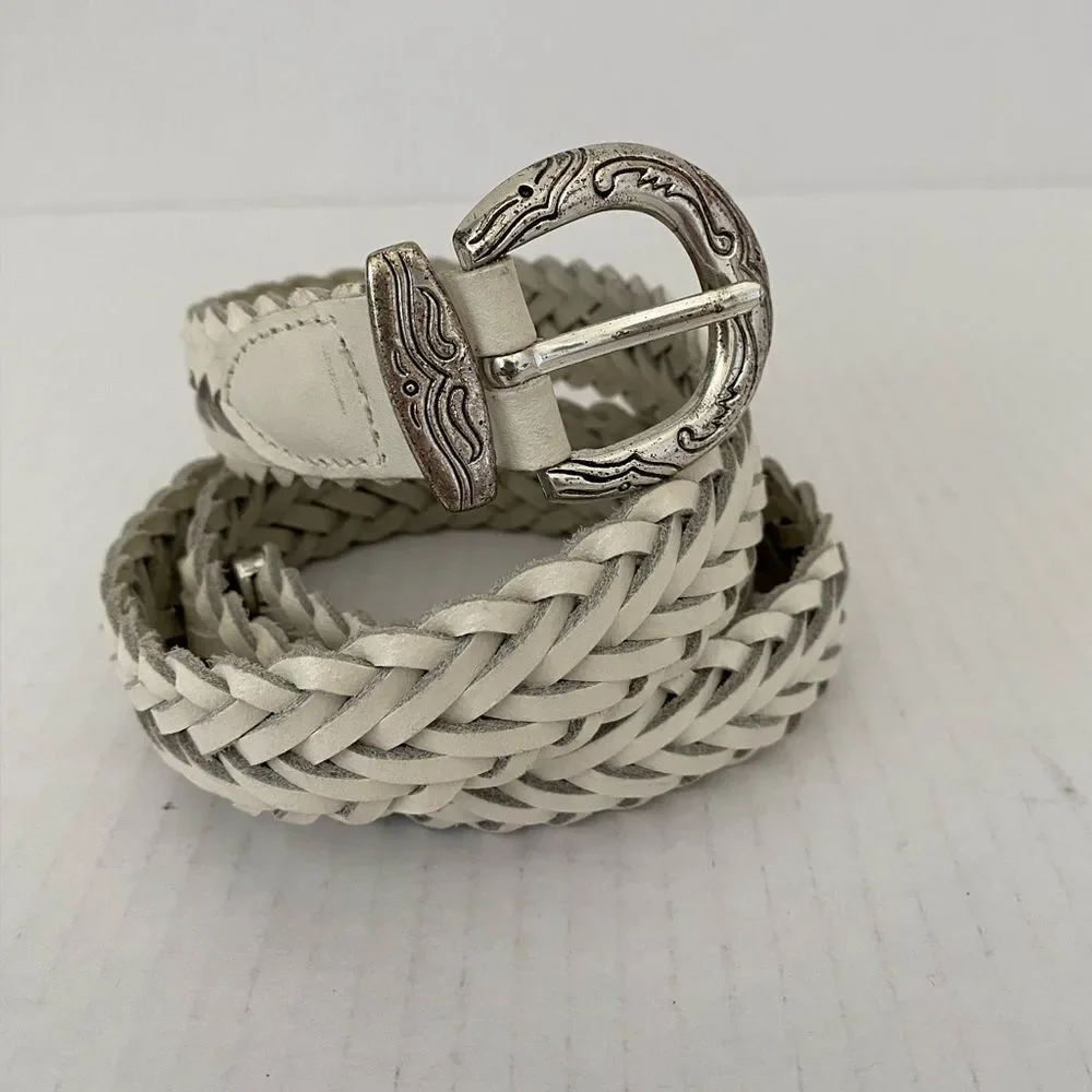 Western Split Leather Braided Belt with Silver Buckle Size M/L Southwestern boho